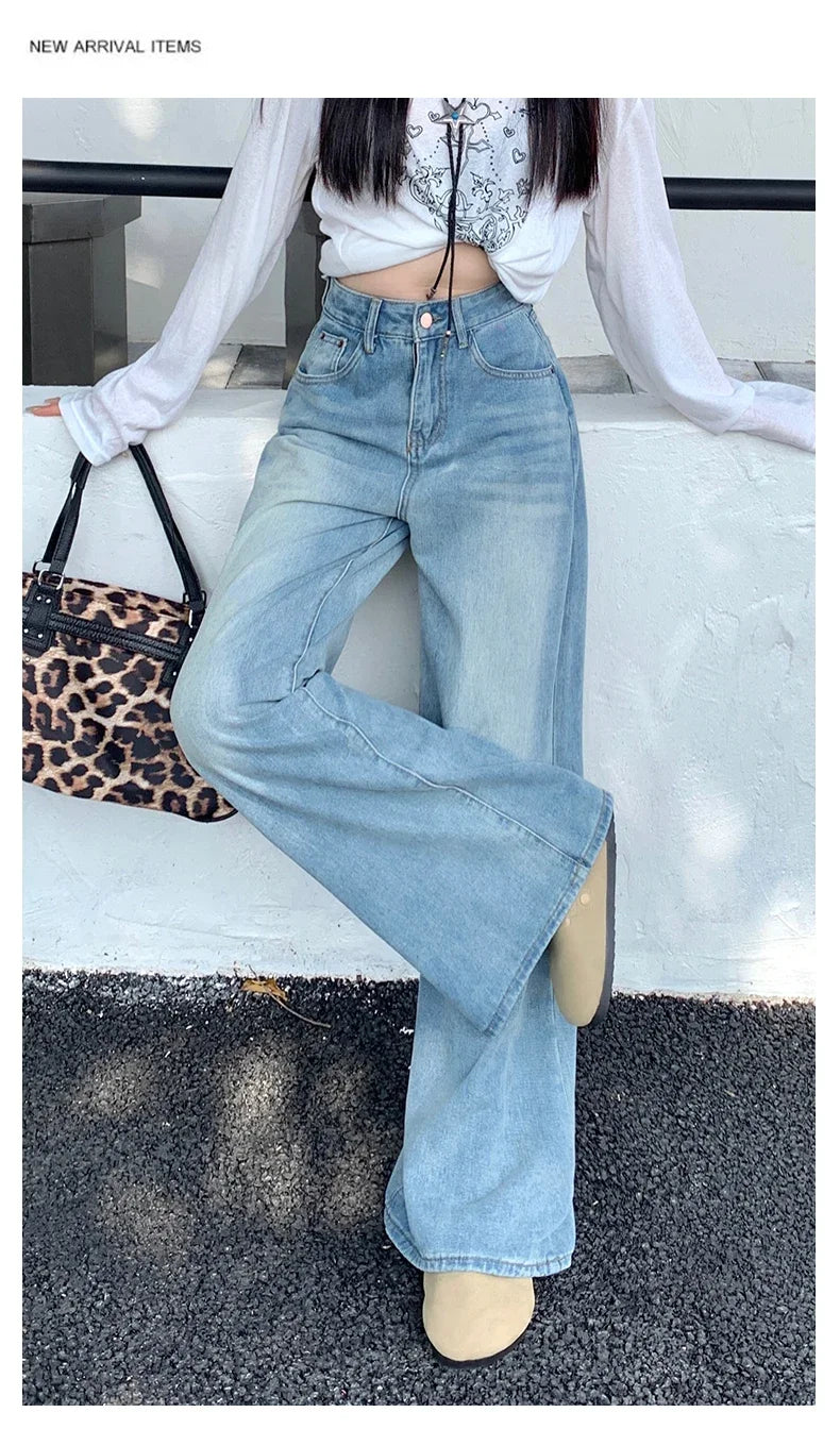 Women's Jeans Denim Pants 2025 Euramerican High Waist Girl Style Jean Trousers Colorful Straight Leg Wide Leg Pants