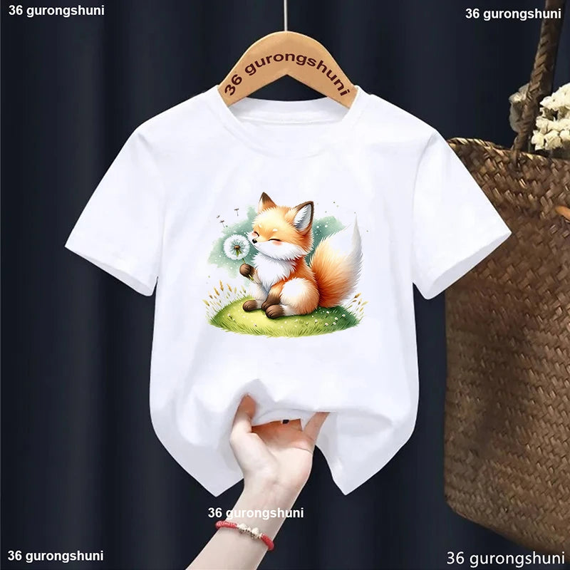 Lovely Fox Wish Dandelion Animal Printed T Shirt Girls/Boys Kawaii Kids Clothes Summer Fashion T-Shirt Harajuku Shirt