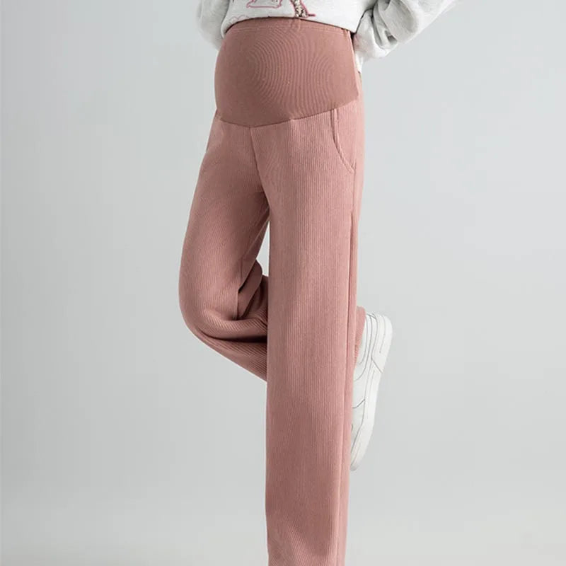 Pregnant Women Pants Autumn Winter Wear Corduroy Wide-leg Pants High-waisted Draped Casual Plus Size Lined Straight-leg Pants