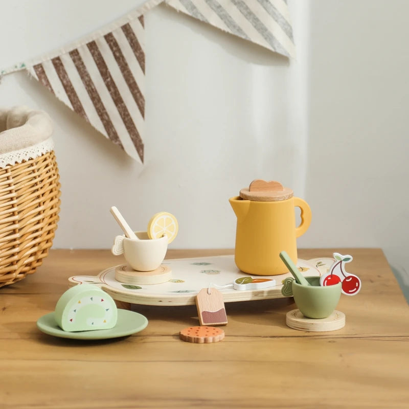 Kids Wooden Montessori Toys Afternoon Tea Set Pretend Play Kitchen Food Learning Role Play Game Baby Early Educational Toys Gift