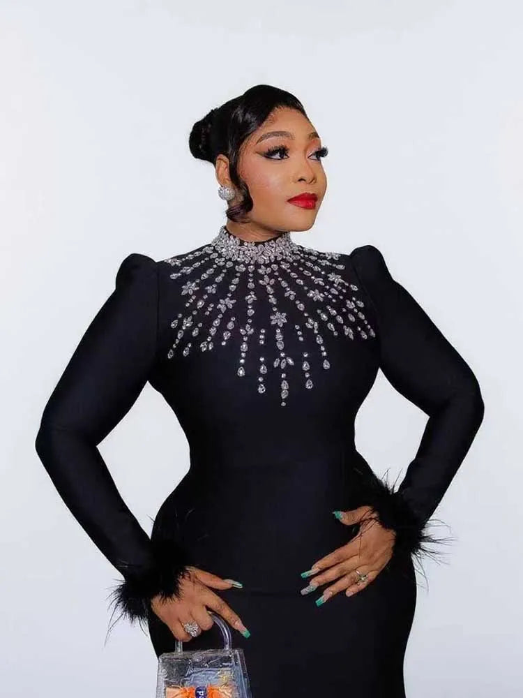 Elegant Black Evening Dresses for Women Autumn Clothes Dress  Round Collar with Diamonds Elegant Chic Bodycon Dress Long Sleeve