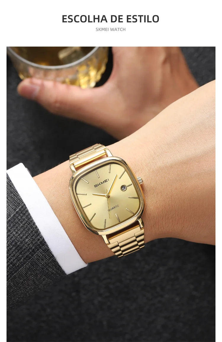 SKMEI Men's Quartz Watch Retro Square Zinc Alloy Case Gold Stainless Steel Band, 30M Water Resistance Time & Date Functions 2551