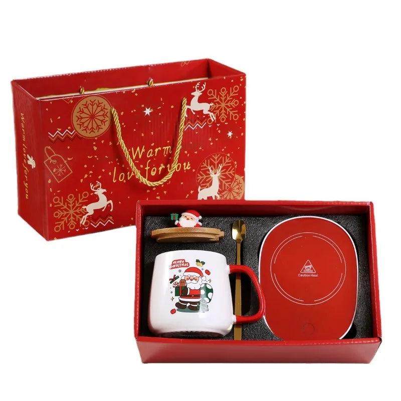 Christmas gift set: 55-degree warm ceramic cup with lid, Santa Claus mug, office coffee cup
