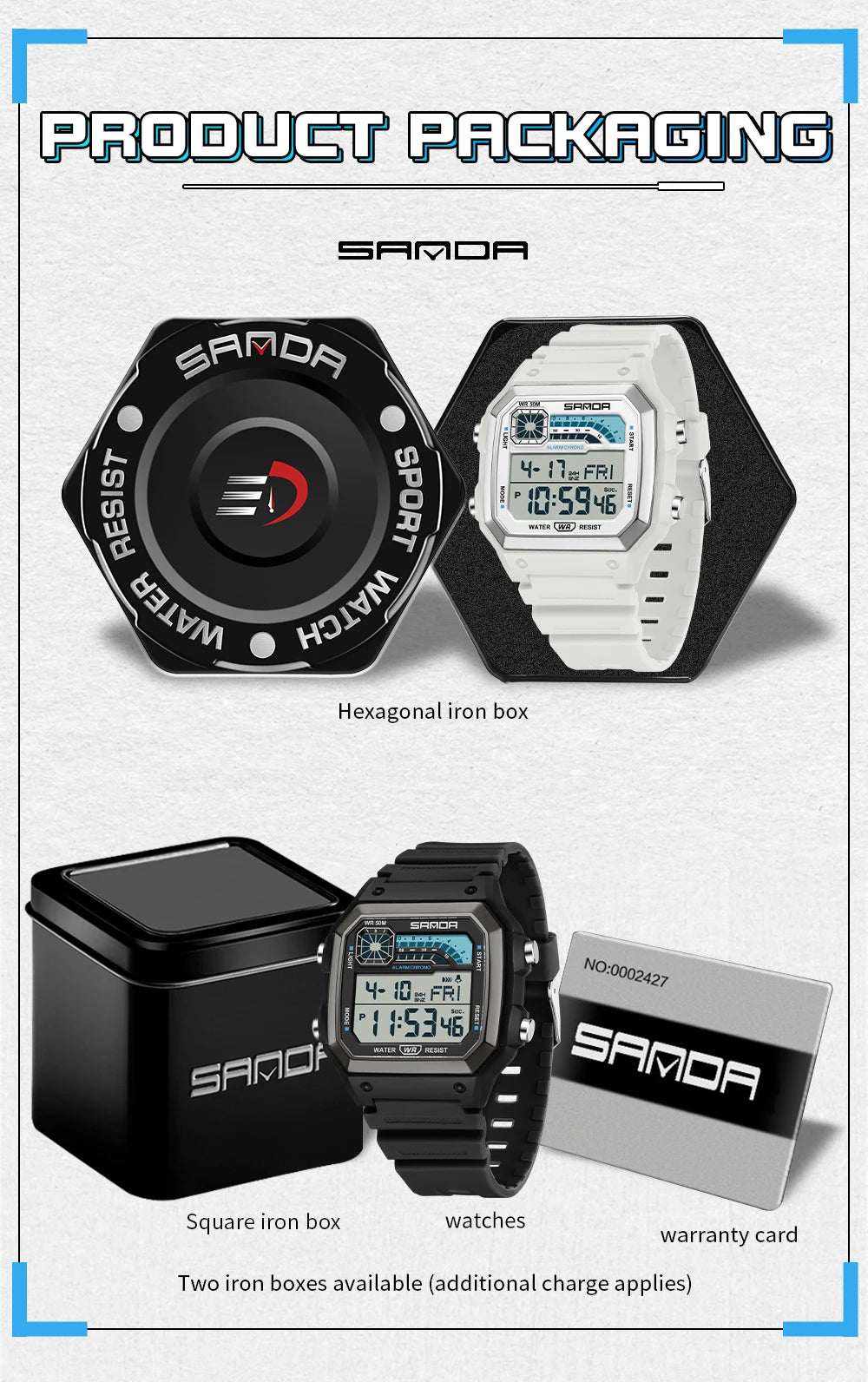 SANDA 6196 Electronic Watch Night Glow Waterproof Sports Men's Light and Thin Square Classic Male and Female Student Watch