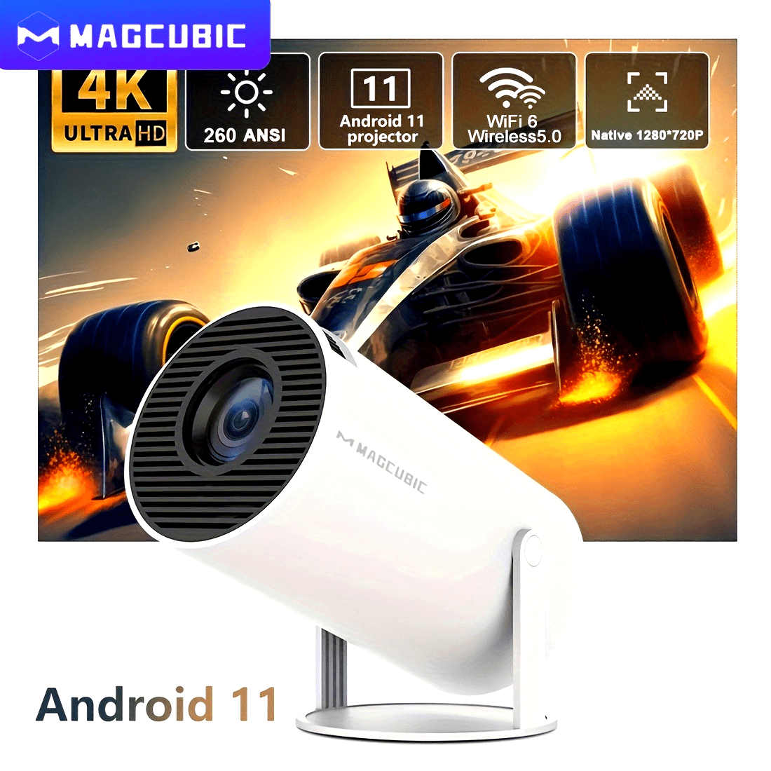 Home Theater Projector - Android 11.0, 260ANSI, WiFi6, Dual WiFi, 4K Resolution, Auto Correction, HD 1280*720p, Wireless 5.0, US Plug, Allwinner H713, Mali-G312 - Perfect for Movie Nights and Gaming