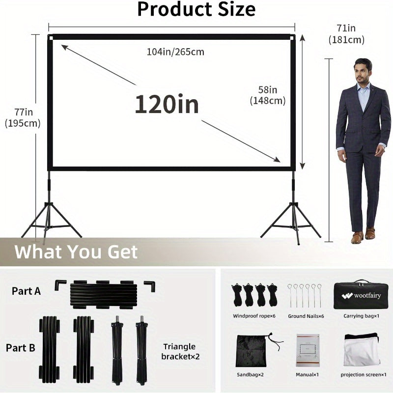 100/ 120 Inch Dual Stand Projector Screen, 4K 16:9 Foldable Mobile Anti-Wrinkle Portable Projection Screen, Suitable for Home Theater Camping Meeting Room Parties