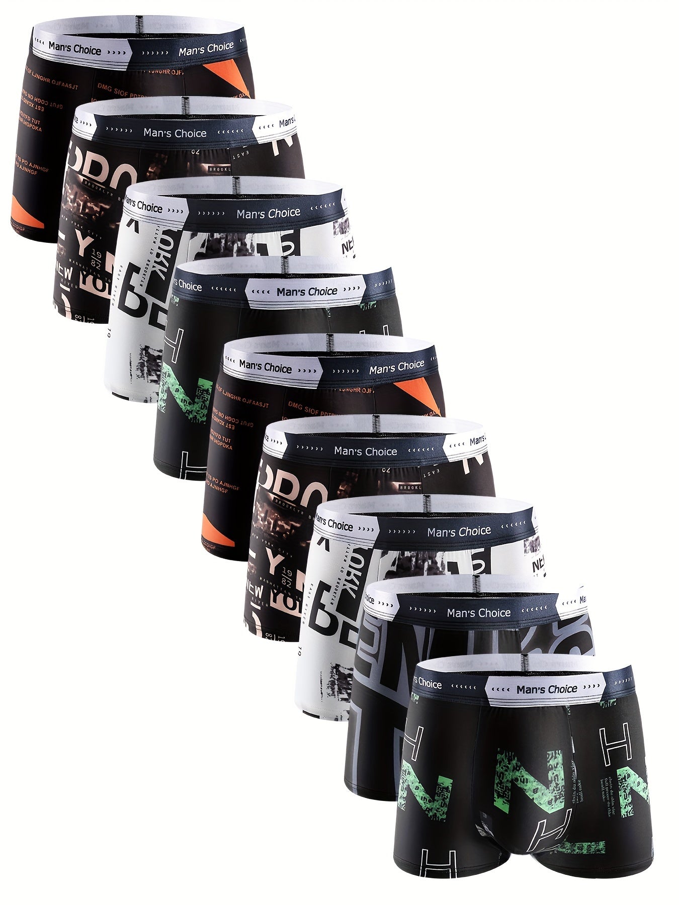 [10pcs Boxer Briefs] 10pcs Men's Boxer Briefs - Geometric Letter Print, 95% Polyester 5% Elastane, Medium Stretch Knit Fabric, Comfortable Underwear Set for Daily Life, Black with White & Orange Accents, Comfortable Underwear