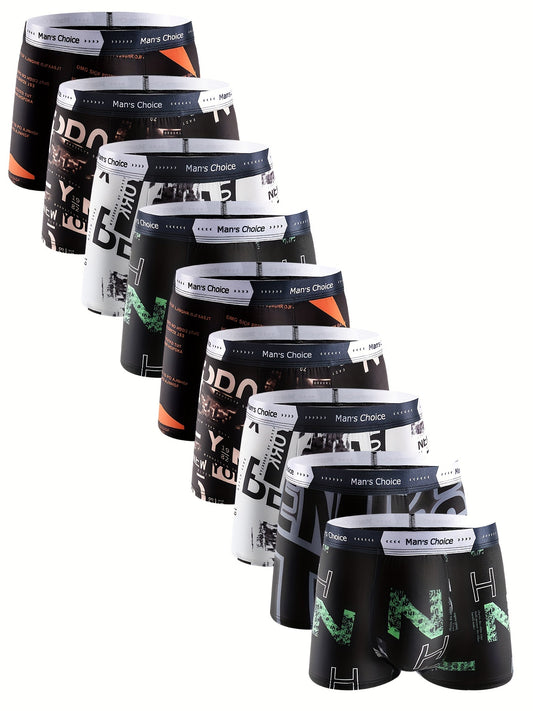 [10pcs Boxer Briefs] 10pcs Men's Boxer Briefs - Geometric Letter Print, 95% Polyester 5% Elastane, Medium Stretch Knit Fabric, Comfortable Underwear Set for Daily Life, Black with White & Orange Accents, Comfortable Underwear