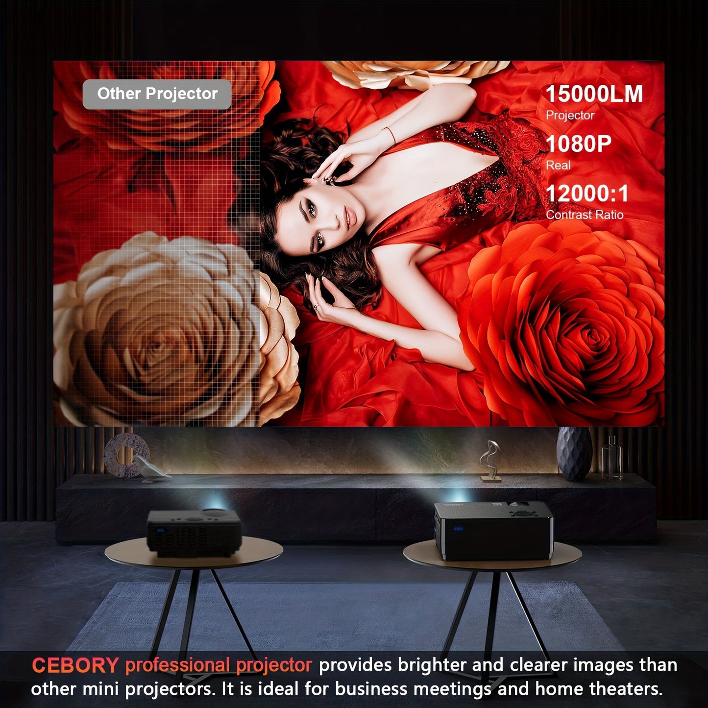 5G WiFi BT Native 1080P Projector [Projector Screen And Bag Included], 300" Display Home Theater, 15000LM Full HD Movie Projector, Compatible With Smartphone, Laptop, Black