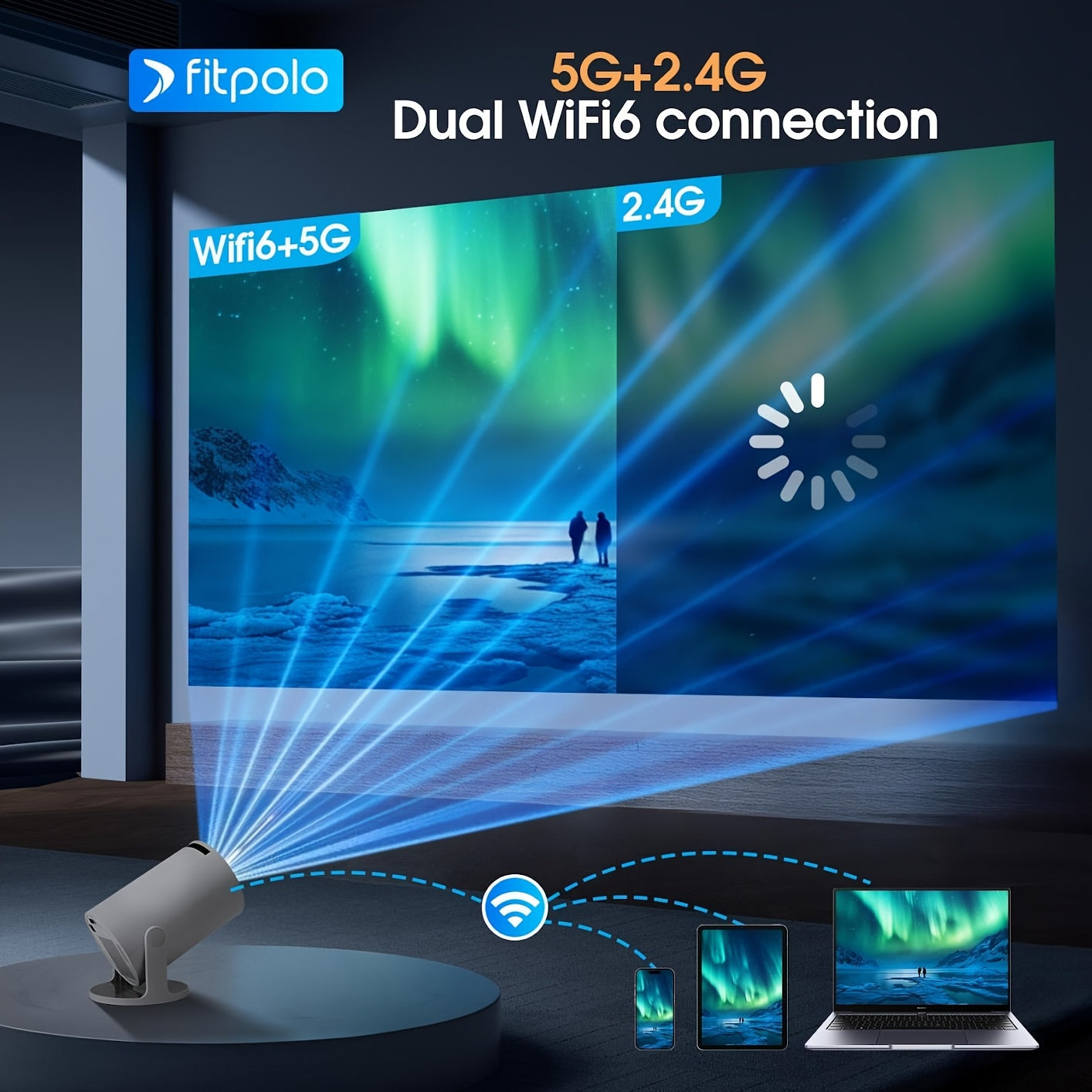 Fit Smart Mini Projector,Projector support 4k with WiFi and Built-in App,Auto Focus & Keystone, DoIby Audio, Zoom, Native 720P Movie, Portable Outdoor Mini Projector, White