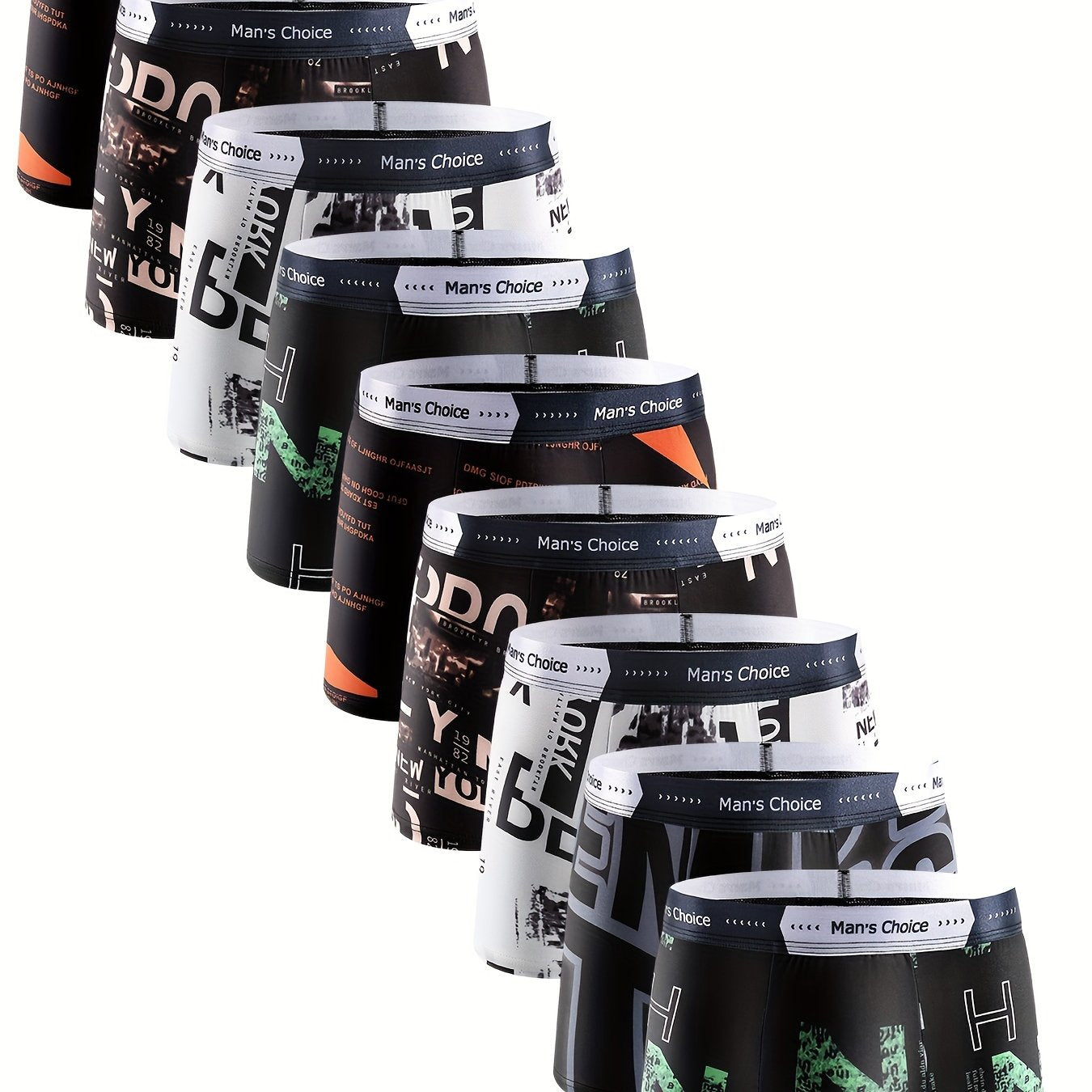 [10pcs Boxer Briefs] 10pcs Men's Boxer Briefs - Geometric Letter Print, 95% Polyester 5% Elastane, Medium Stretch Knit Fabric, Comfortable Underwear Set for Daily Life, Black with White & Orange Accents, Comfortable Underwear