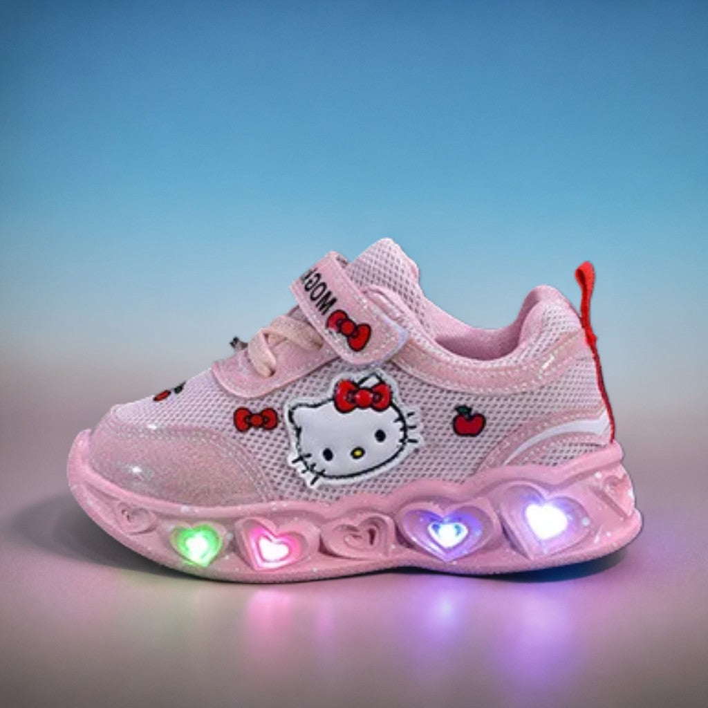 Kids'Casual Shoes Girls Led Light Cartoon PU Leather Fashion Sport Flat Bottom Shoes Breathable White Pink Size 21-30