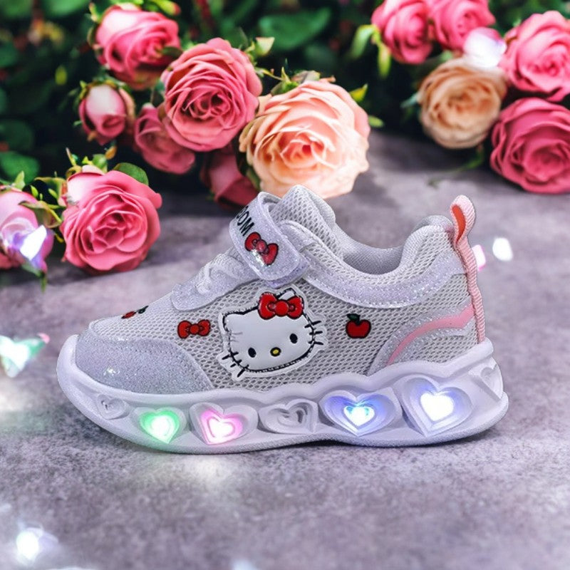 Kids'Casual Shoes Girls Led Light Cartoon PU Leather Fashion Sport Flat Bottom Shoes Breathable White Pink Size 21-30